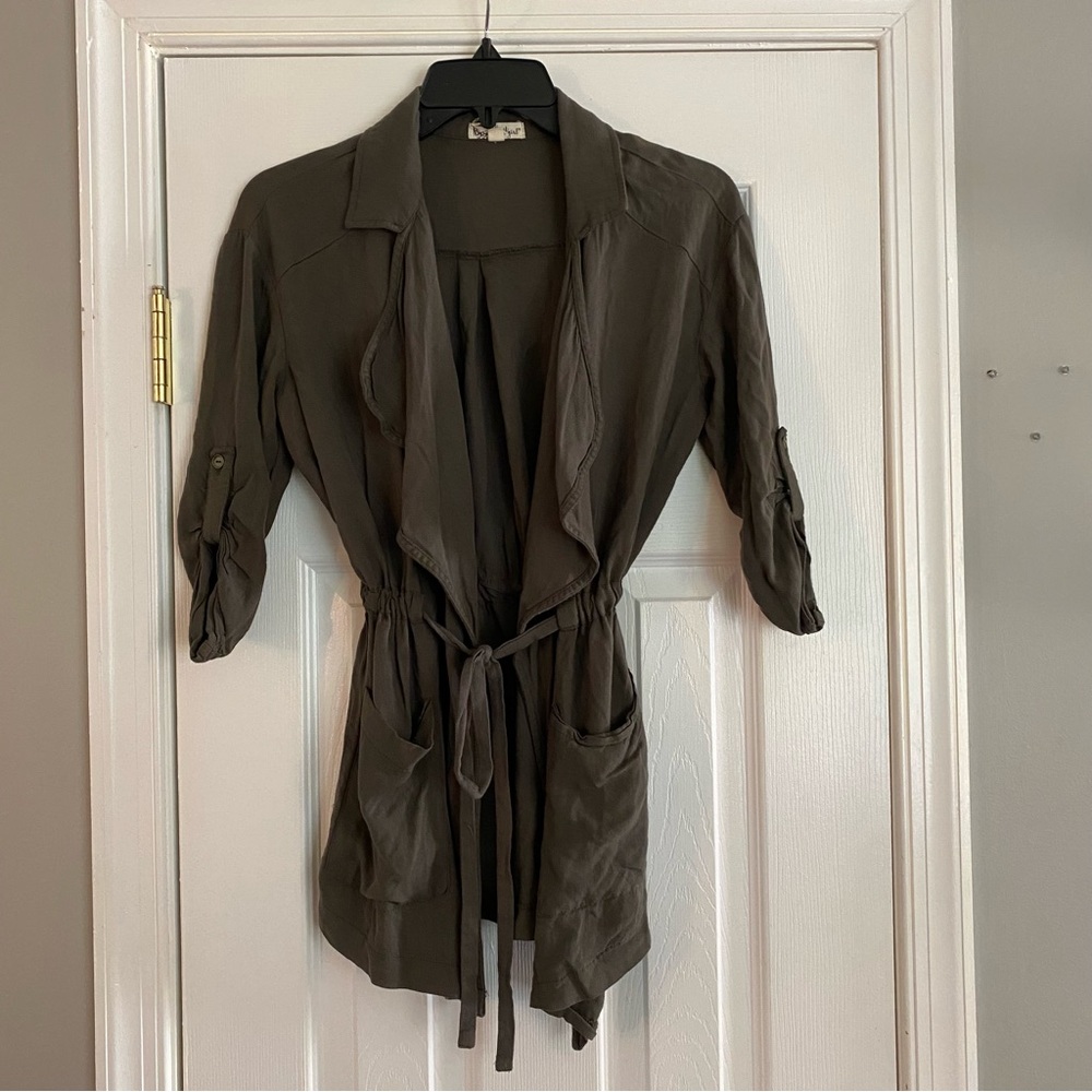About A Girl Olive Green Drape Front Cardigan Drawstring Waistband 3/4 Sleeve XS